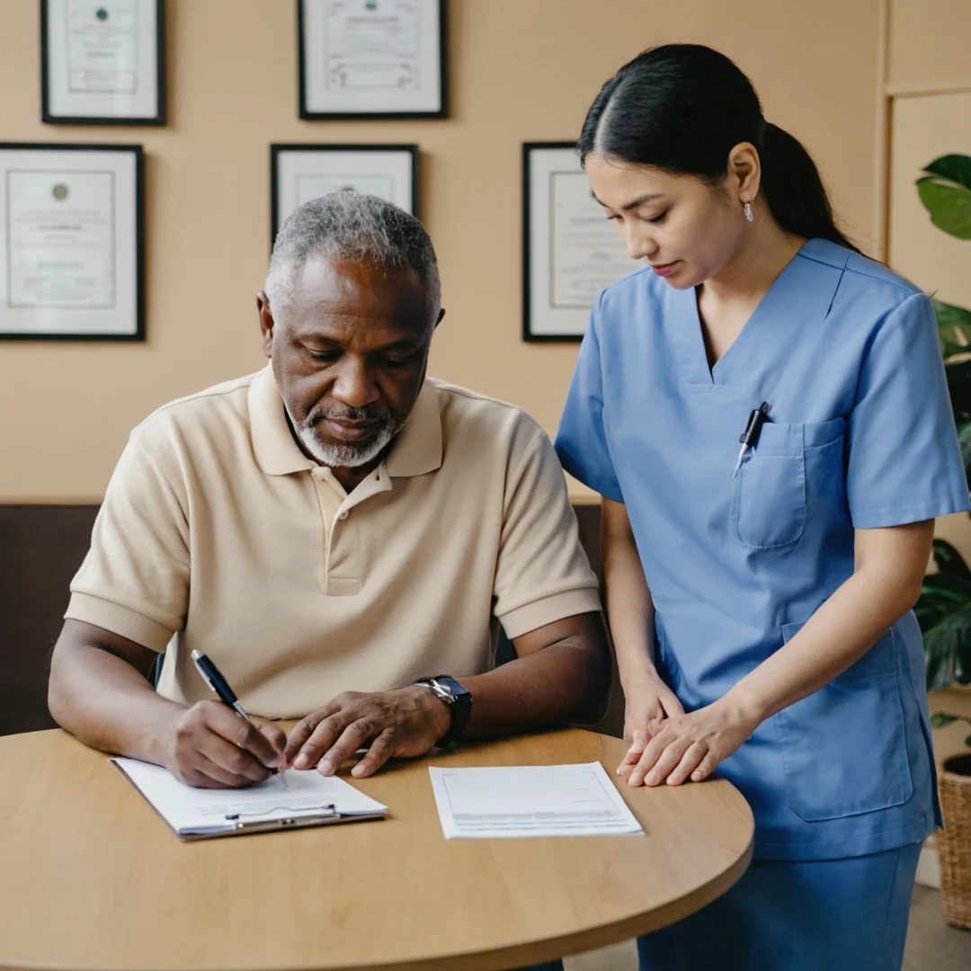 An older adult being supported through a conversation related to how to get power of attorney for a