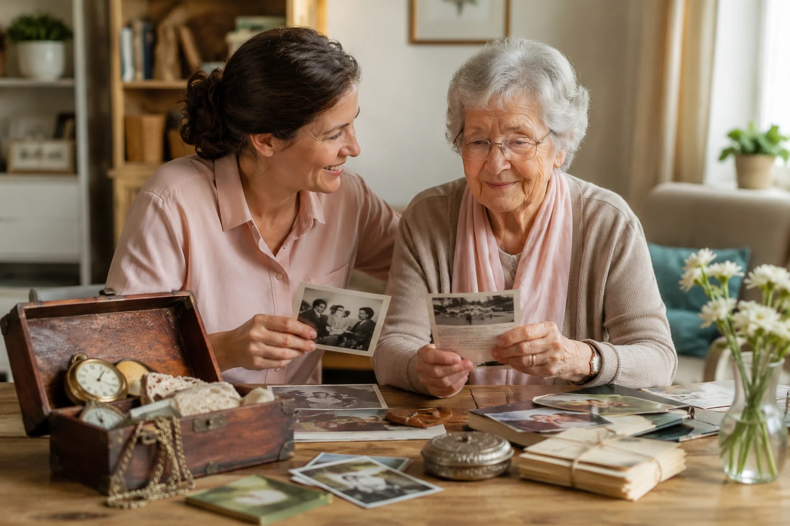 An adult daughter and her mother with dementia looking through old photographs together at the kitchen table