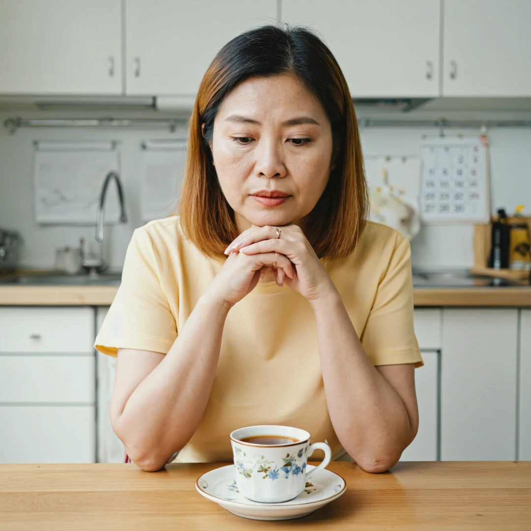 A caregiver pausing for a quiet moment in the kitchen while planning meals for a loved one with dementia